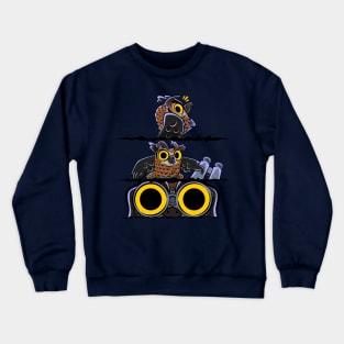 Hoo's There? | Funny Great Horned Owl Eyes Night With Binoculars Comic Crewneck Sweatshirt